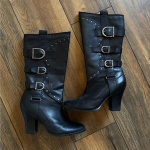 Harley Davidson Black Mid-Calf Leather Buckle Heeled Boots